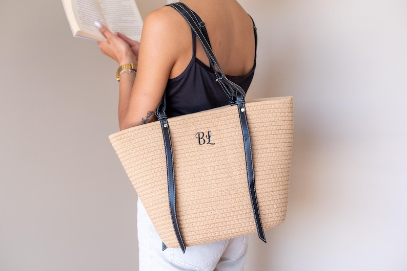 Summer Cotton Tote with Embroidered Initials and Gift Use