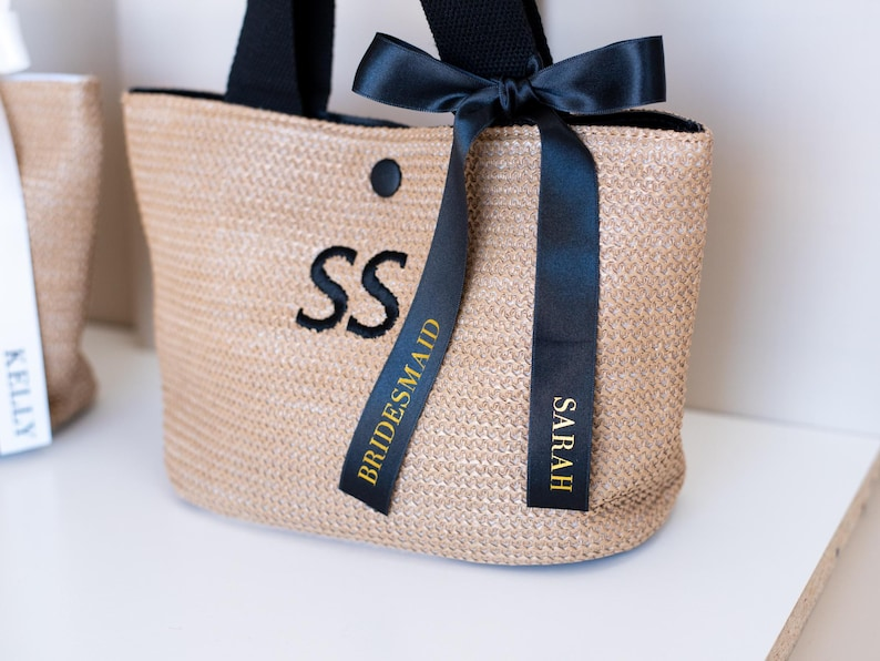 Mini Straw Tote Bridesmaid Gift with Custom Name and Bow