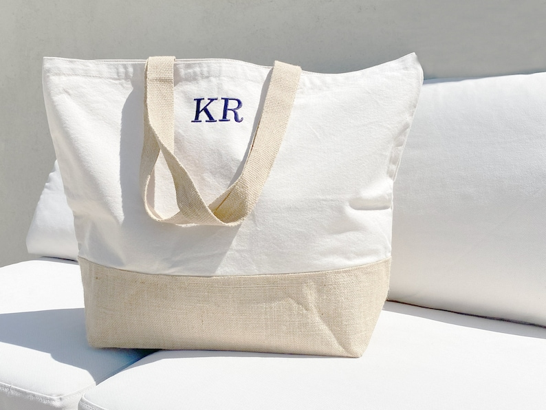 Custom Straw Burlap Beach Tote Bag with Monogram Initials