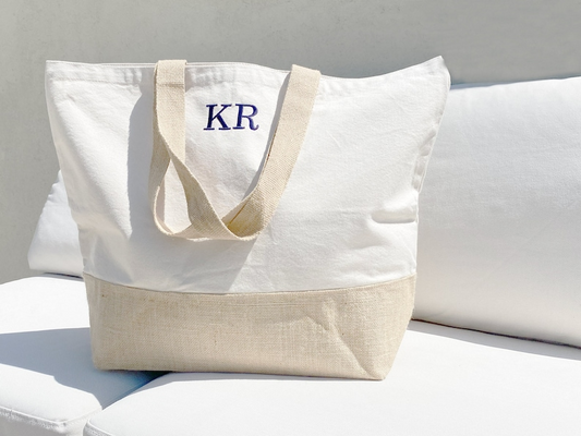 Custom Straw Burlap Beach Tote Bag with Monogram Initials