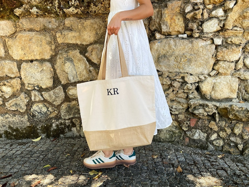 Custom Straw Burlap Beach Tote Bag with Monogram Initials