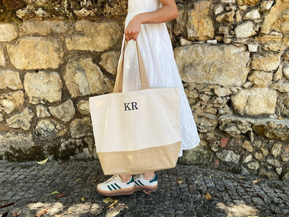 Custom Straw Burlap Beach Tote Bag with Monogram Initials