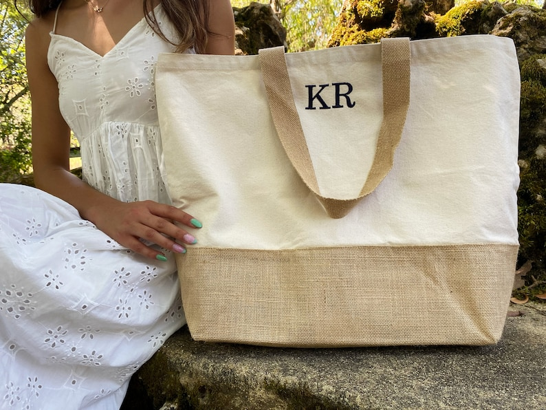 Custom Straw Burlap Beach Tote Bag with Monogram Initials