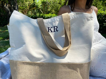 Custom Straw Burlap Beach Tote Bag with Monogram Initials