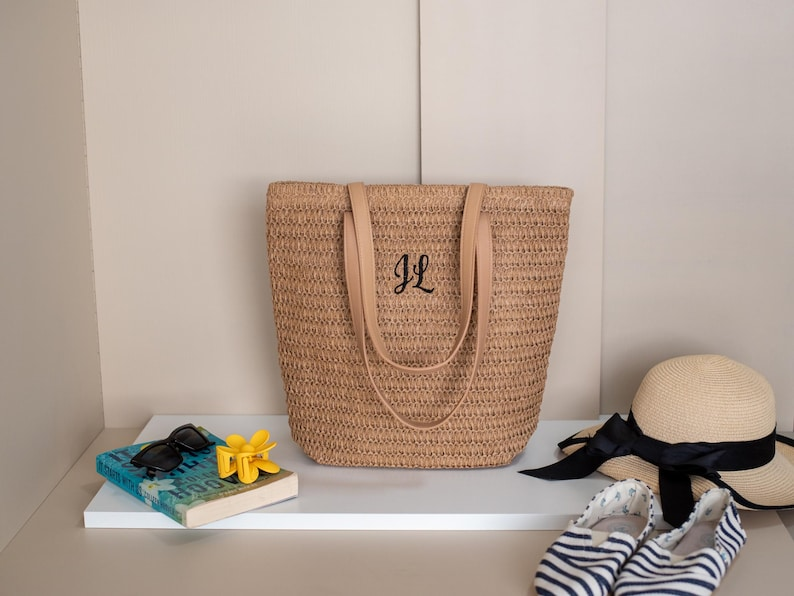 Personalized Straw Tote Bag with Initials for Summer Use