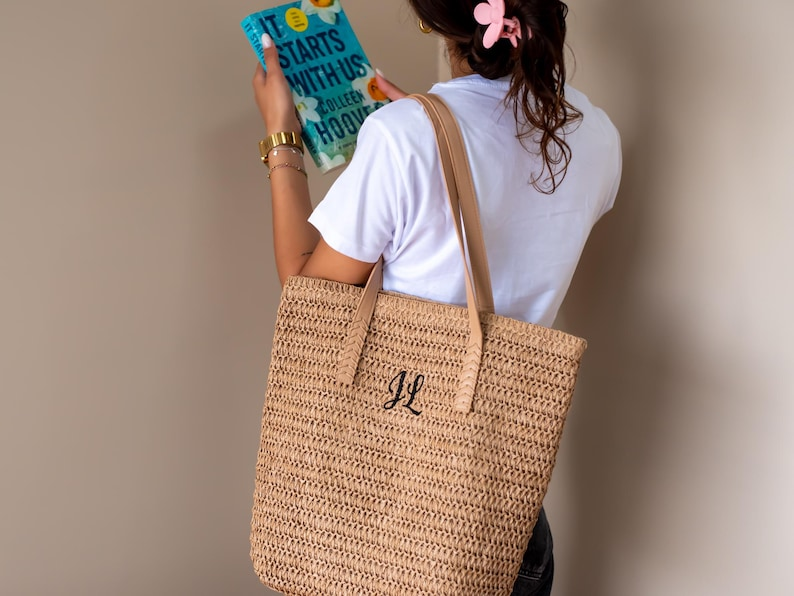 Personalized Straw Tote Bag with Initials for Summer Use