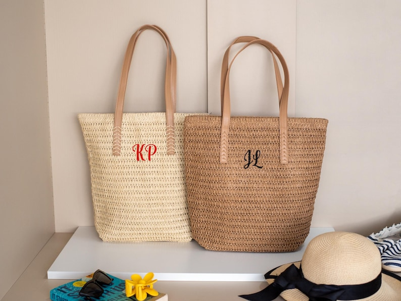 Personalized Straw Tote Bag with Initials for Summer Use