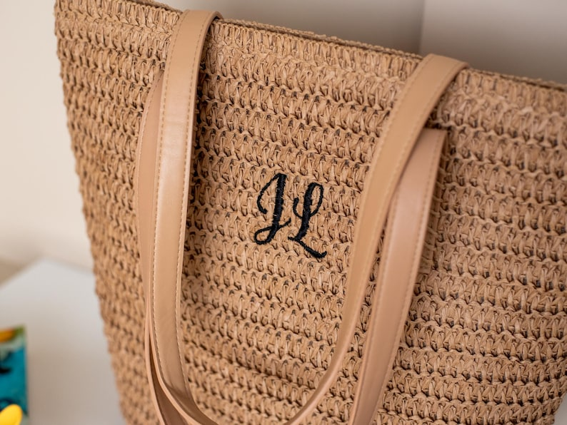 Personalized Straw Tote Bag with Initials for Summer Use