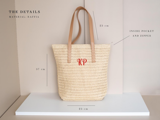 Personalized Straw Tote Bag with Initials for Summer Use